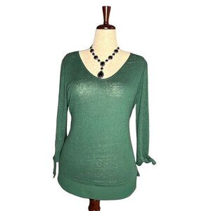 Sanctuary Womens Green Lightweight Knit V-Neck Top With Tie Sleeve Detail Size L